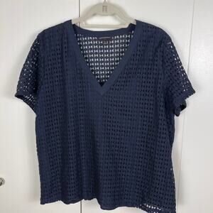 Banana Republic Navy Blue Shirt Top XL VNeck Blouse Mesh Short Sleeve